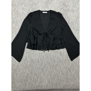 12th Tribe Alexa Blouse Size S Black Tie Front Ruffles Flared Sleeves Going Out